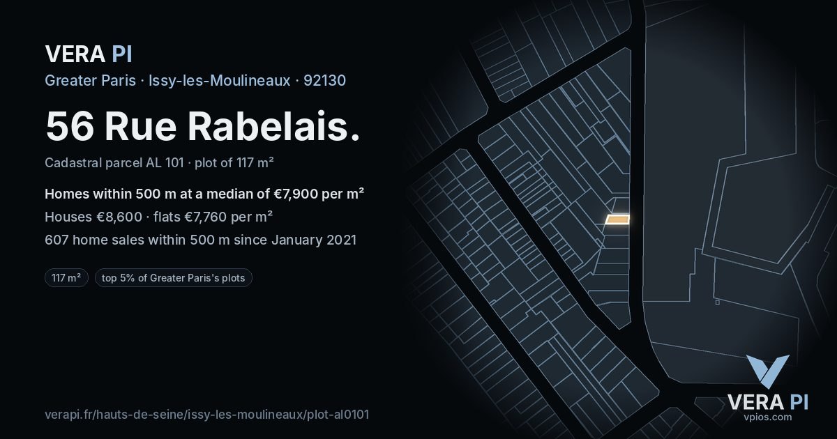 56 Rue Rabelais, Issy-les-Moulineaux at night – the plot lit, the parcels around coloured by the prices near them