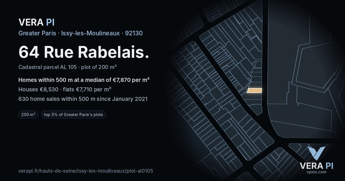 64 Rue Rabelais, Issy-les-Moulineaux at night – the plot lit, the parcels around coloured by the prices near them