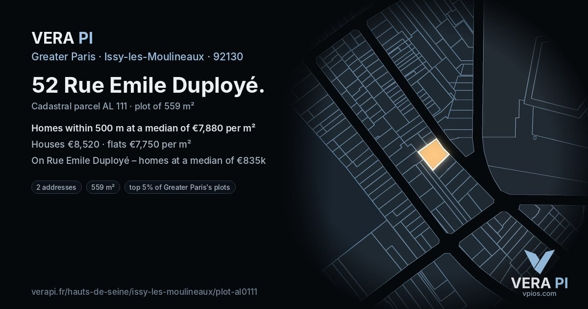 52 Rue Emile Duployé, Issy-les-Moulineaux at night – the plot lit, the parcels around coloured by the prices near them
