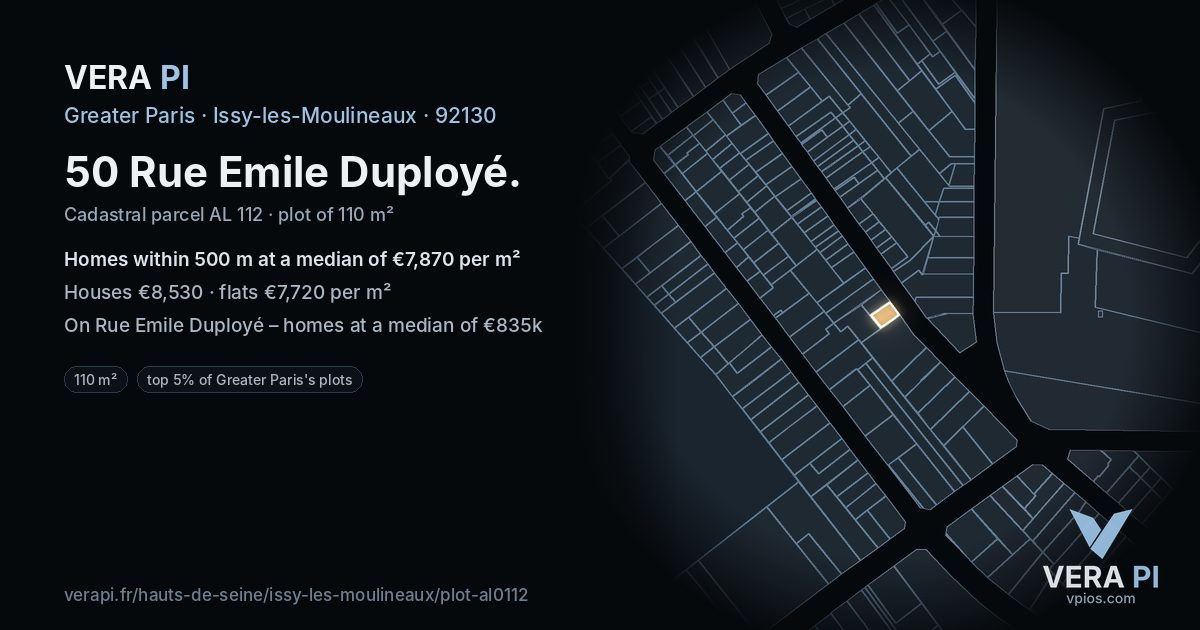 50 Rue Emile Duployé, Issy-les-Moulineaux at night – the plot lit, the parcels around coloured by the prices near them