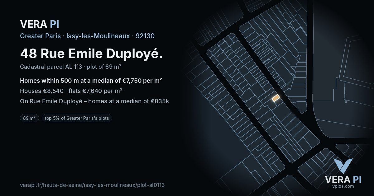 48 Rue Emile Duployé, Issy-les-Moulineaux at night – the plot lit, the parcels around coloured by the prices near them