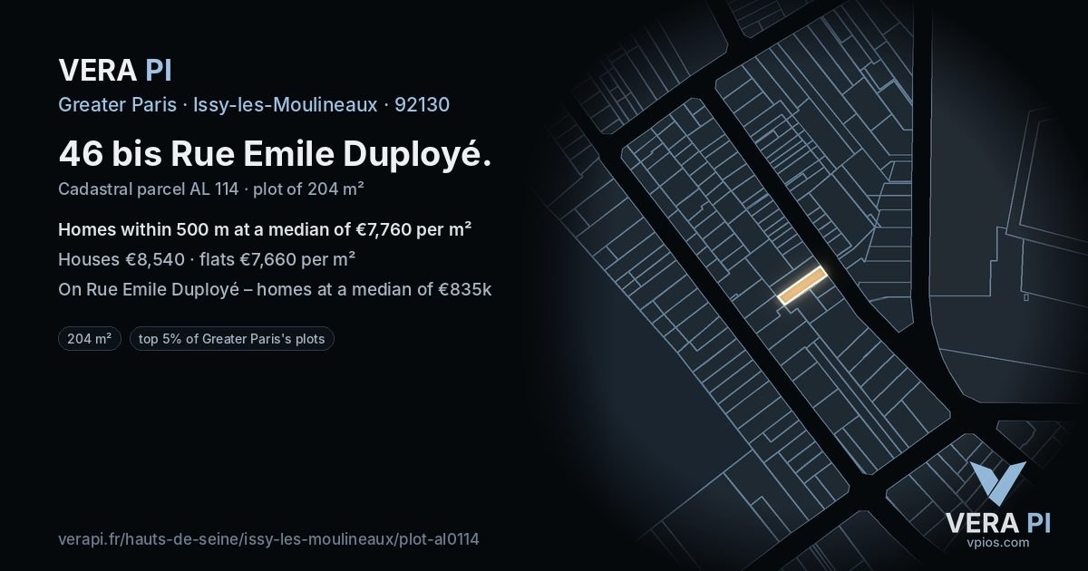 46 bis Rue Emile Duployé, Issy-les-Moulineaux at night – the plot lit, the parcels around coloured by the prices near them
