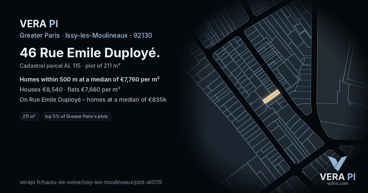 46 Rue Emile Duployé, Issy-les-Moulineaux at night – the plot lit, the parcels around coloured by the prices near them