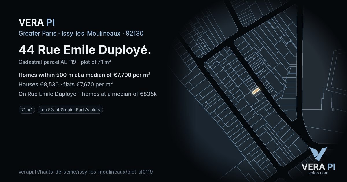 44 Rue Emile Duployé, Issy-les-Moulineaux at night – the plot lit, the parcels around coloured by the prices near them