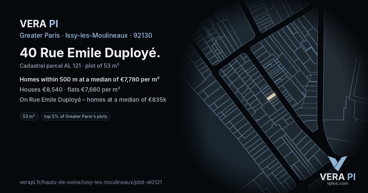 40 Rue Emile Duployé, Issy-les-Moulineaux at night – the plot lit, the parcels around coloured by the prices near them