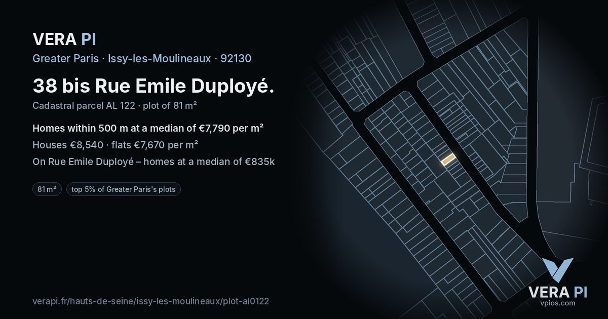 38 bis Rue Emile Duployé, Issy-les-Moulineaux at night – the plot lit, the parcels around coloured by the prices near them