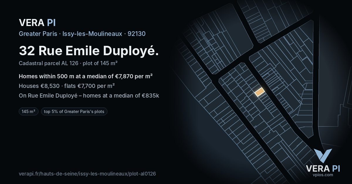 32 Rue Emile Duployé, Issy-les-Moulineaux at night – the plot lit, the parcels around coloured by the prices near them
