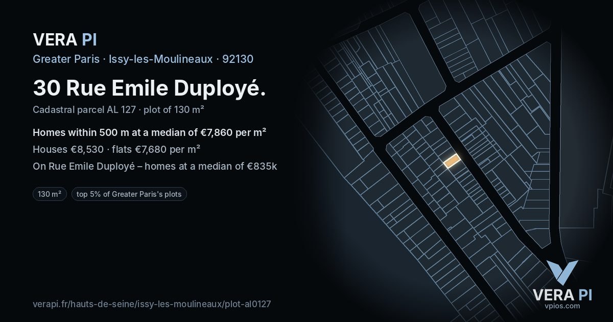 30 Rue Emile Duployé, Issy-les-Moulineaux at night – the plot lit, the parcels around coloured by the prices near them