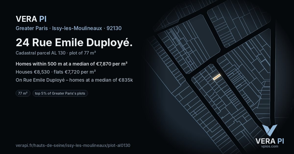 24 Rue Emile Duployé, Issy-les-Moulineaux at night – the plot lit, the parcels around coloured by the prices near them