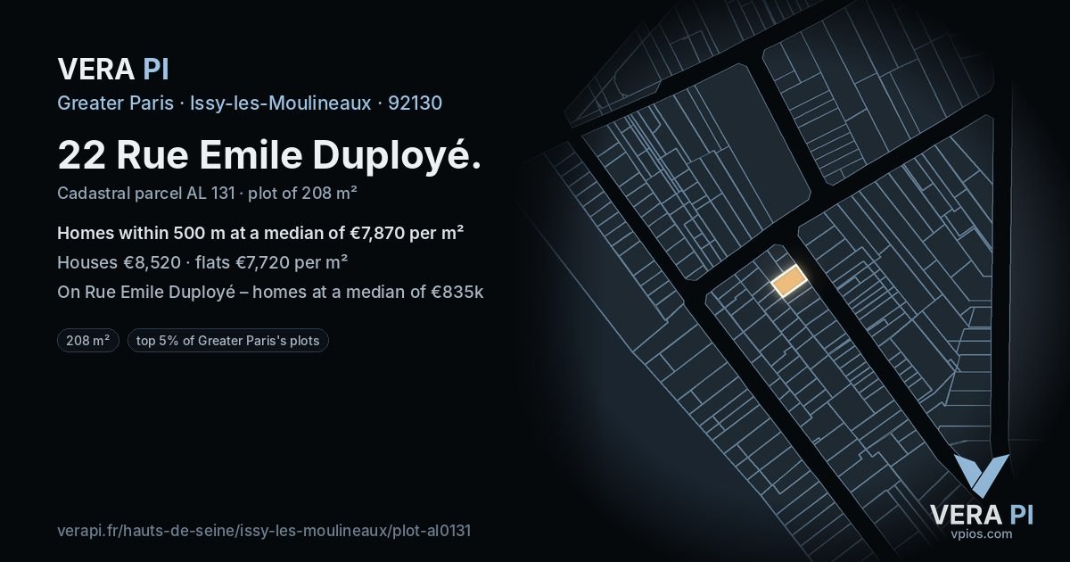 22 Rue Emile Duployé, Issy-les-Moulineaux at night – the plot lit, the parcels around coloured by the prices near them