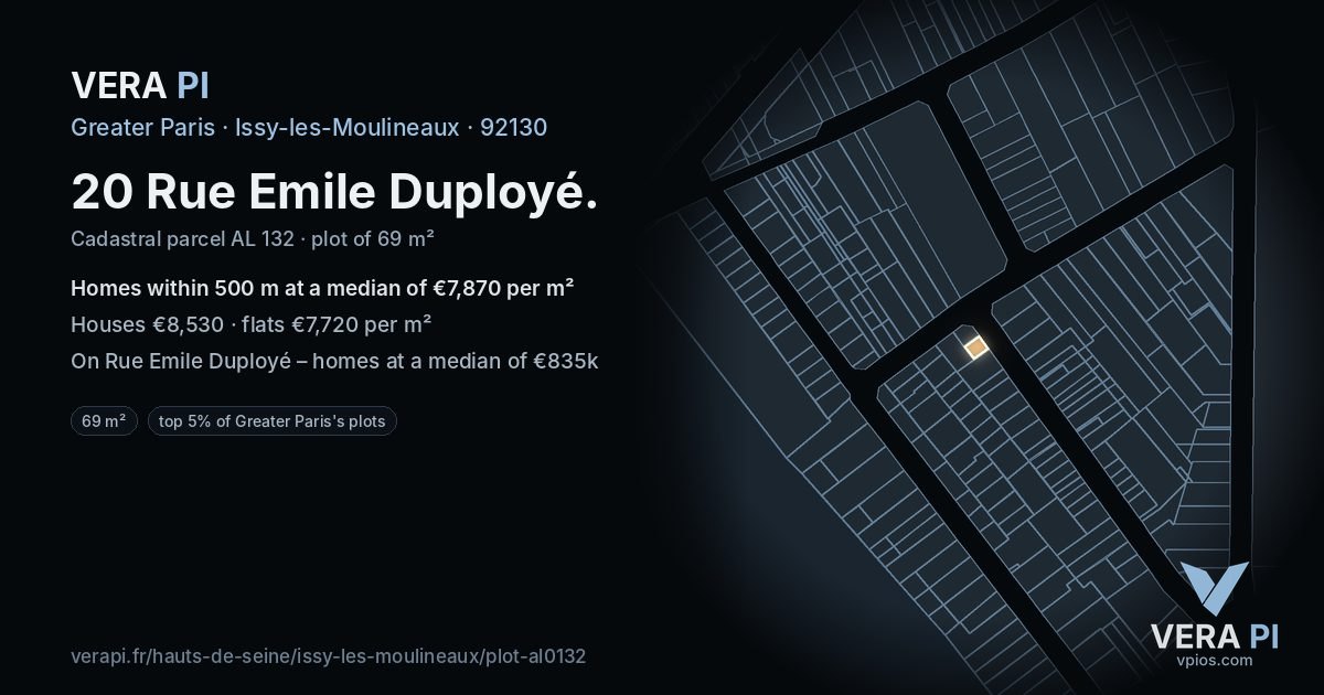 20 Rue Emile Duployé, Issy-les-Moulineaux at night – the plot lit, the parcels around coloured by the prices near them