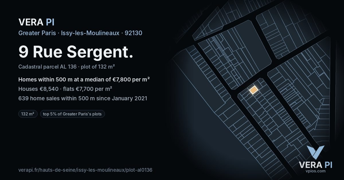 9 Rue Sergent, Issy-les-Moulineaux at night – the plot lit, the parcels around coloured by the prices near them