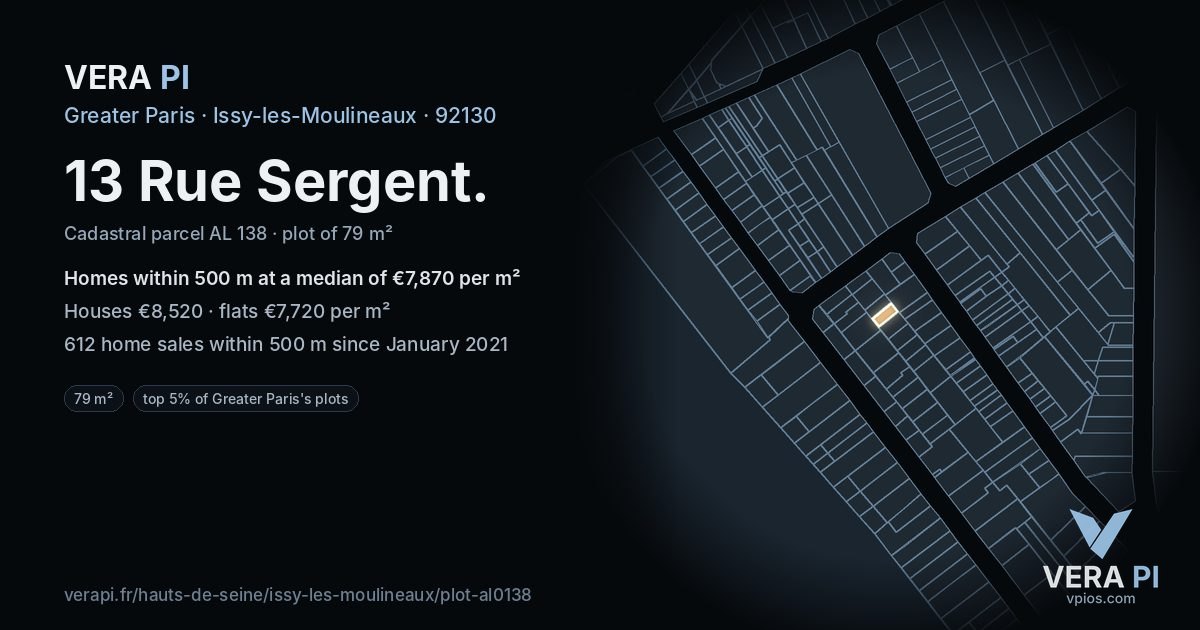13 Rue Sergent, Issy-les-Moulineaux at night – the plot lit, the parcels around coloured by the prices near them