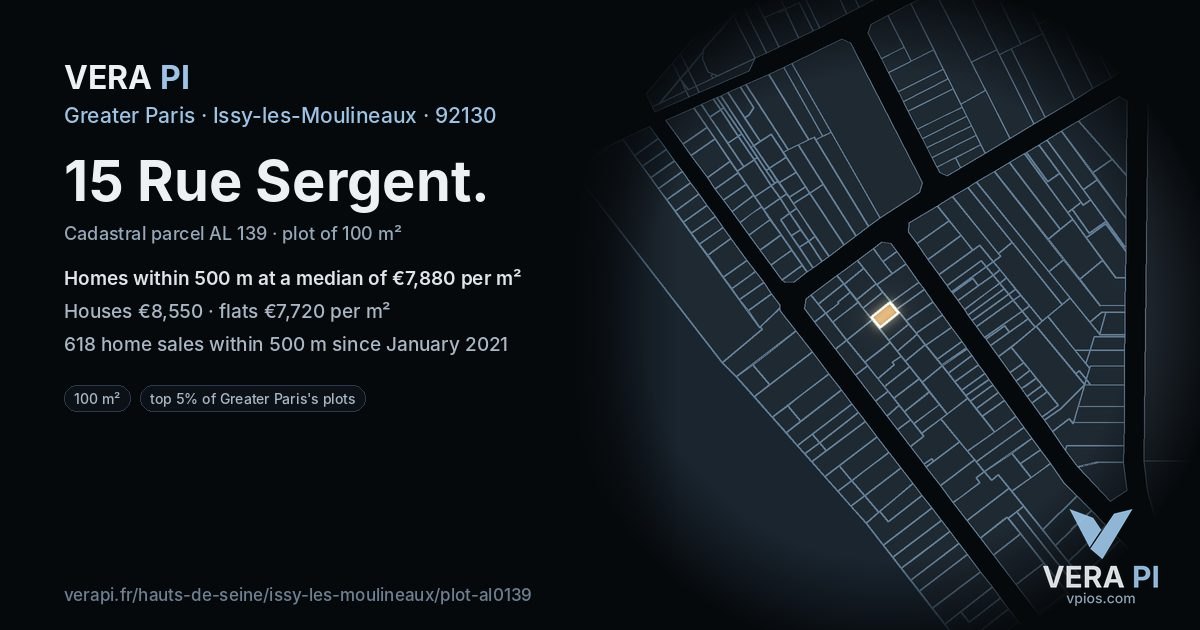 15 Rue Sergent, Issy-les-Moulineaux at night – the plot lit, the parcels around coloured by the prices near them