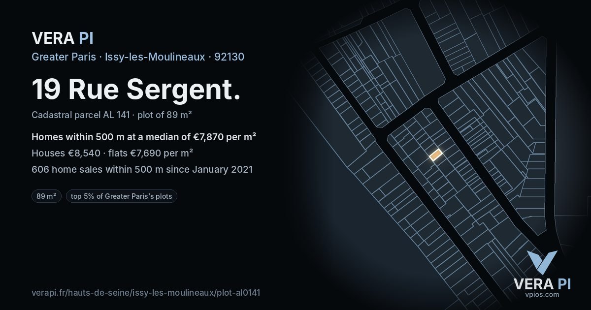 19 Rue Sergent, Issy-les-Moulineaux at night – the plot lit, the parcels around coloured by the prices near them