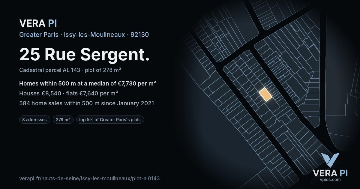 25 Rue Sergent, Issy-les-Moulineaux at night – the plot lit, the parcels around coloured by the prices near them