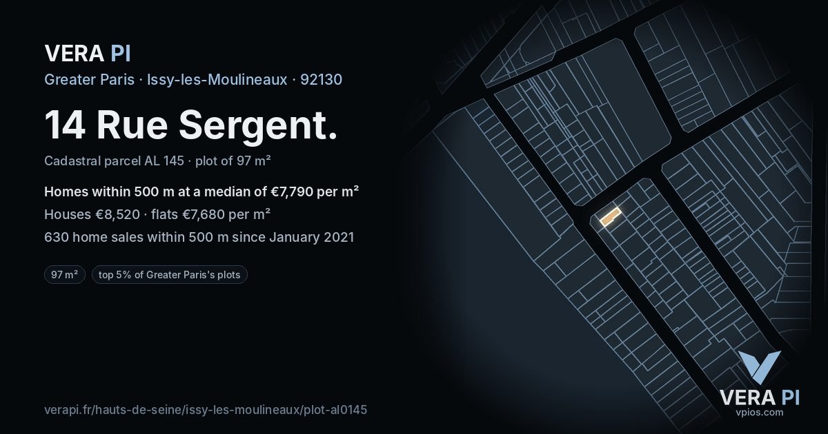 14 Rue Sergent, Issy-les-Moulineaux at night – the plot lit, the parcels around coloured by the prices near them