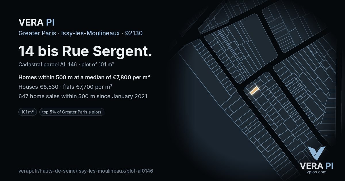 14 bis Rue Sergent, Issy-les-Moulineaux at night – the plot lit, the parcels around coloured by the prices near them