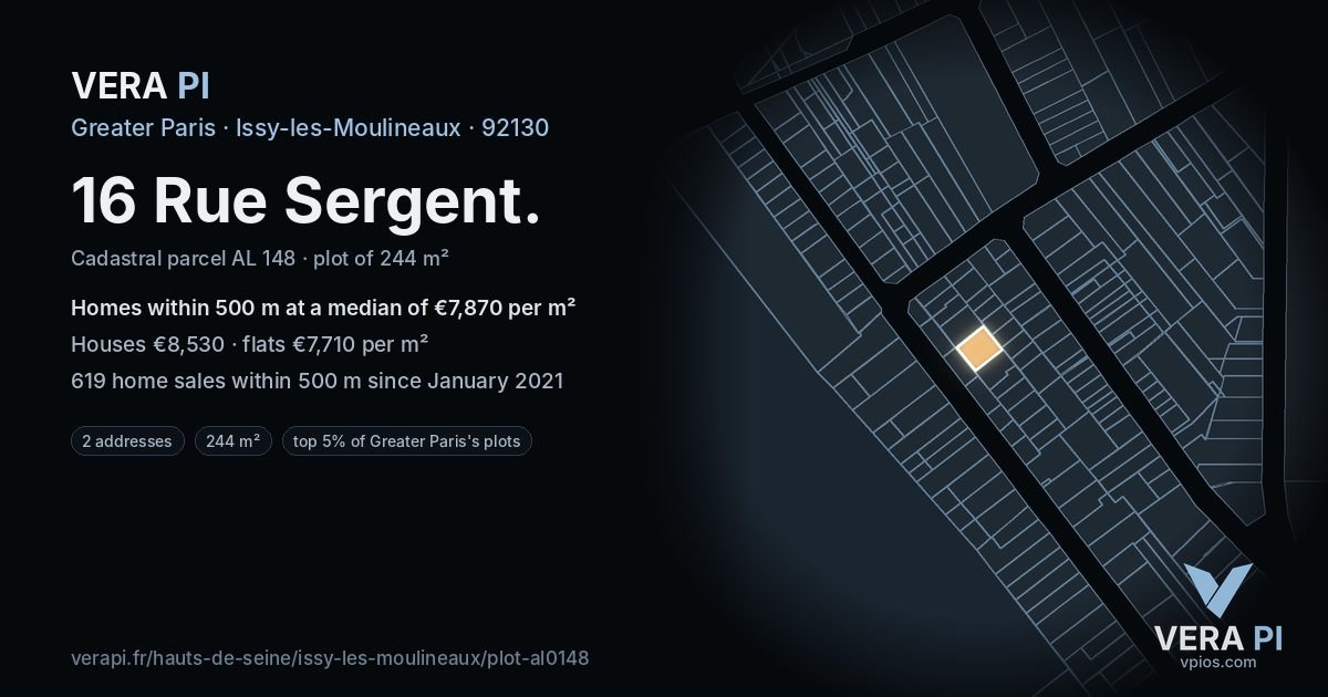 16 Rue Sergent, Issy-les-Moulineaux at night – the plot lit, the parcels around coloured by the prices near them