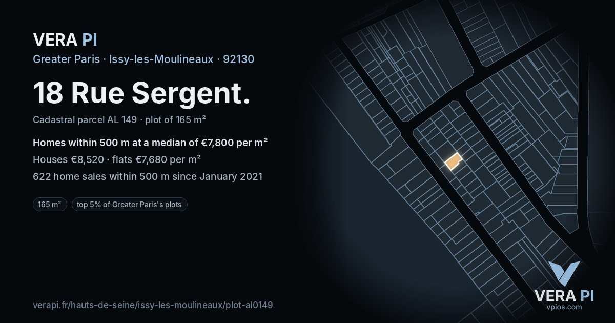 18 Rue Sergent, Issy-les-Moulineaux at night – the plot lit, the parcels around coloured by the prices near them