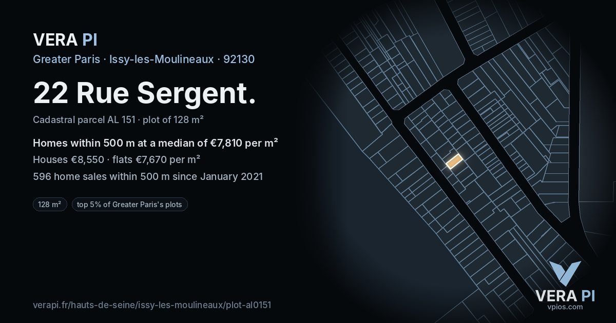22 Rue Sergent, Issy-les-Moulineaux at night – the plot lit, the parcels around coloured by the prices near them