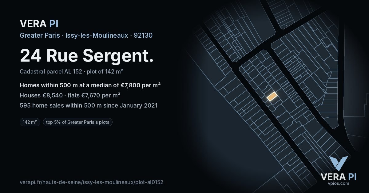 24 Rue Sergent, Issy-les-Moulineaux at night – the plot lit, the parcels around coloured by the prices near them