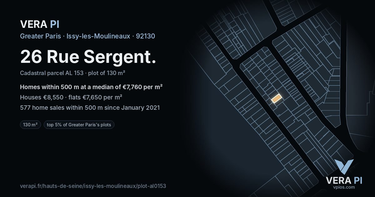 26 Rue Sergent, Issy-les-Moulineaux at night – the plot lit, the parcels around coloured by the prices near them