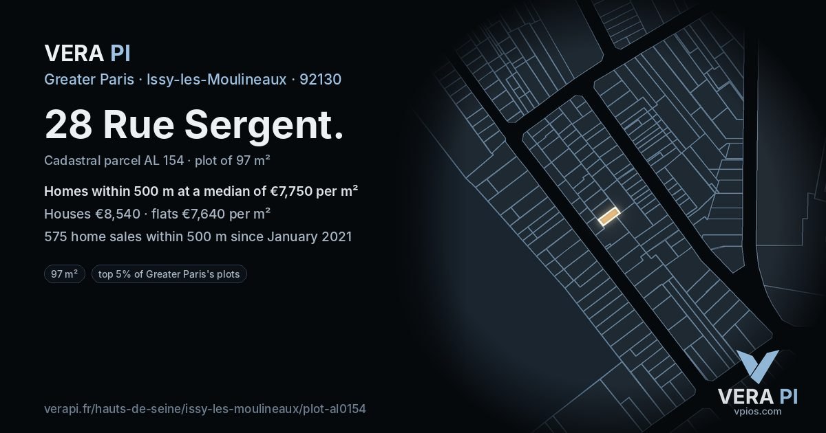 28 Rue Sergent, Issy-les-Moulineaux at night – the plot lit, the parcels around coloured by the prices near them