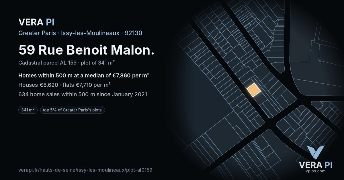 59 Rue Benoit Malon, Issy-les-Moulineaux at night – the plot lit, the parcels around coloured by the prices near them