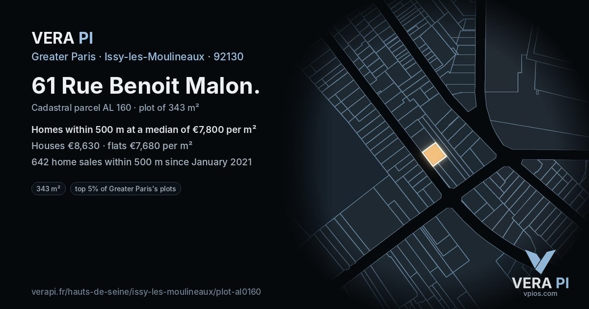 61 Rue Benoit Malon, Issy-les-Moulineaux at night – the plot lit, the parcels around coloured by the prices near them