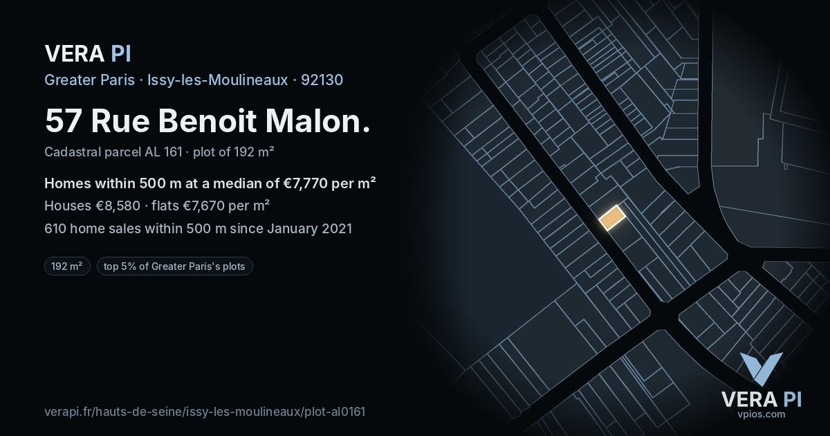 57 Rue Benoit Malon, Issy-les-Moulineaux at night – the plot lit, the parcels around coloured by the prices near them