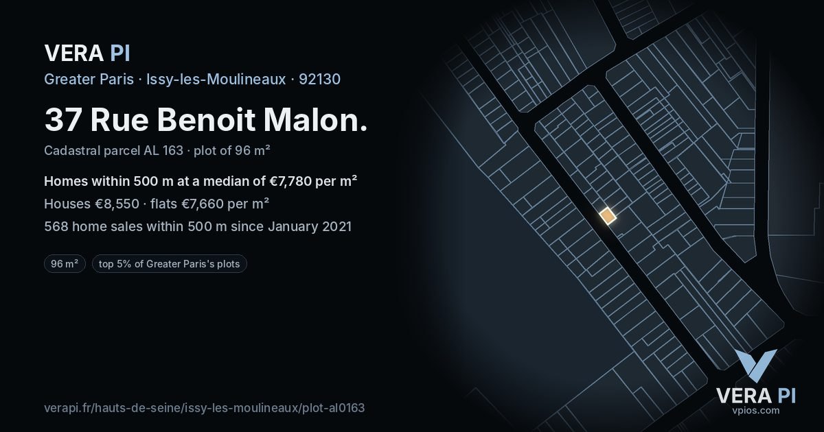 37 Rue Benoit Malon, Issy-les-Moulineaux at night – the plot lit, the parcels around coloured by the prices near them