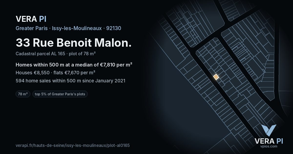 33 Rue Benoit Malon, Issy-les-Moulineaux at night – the plot lit, the parcels around coloured by the prices near them