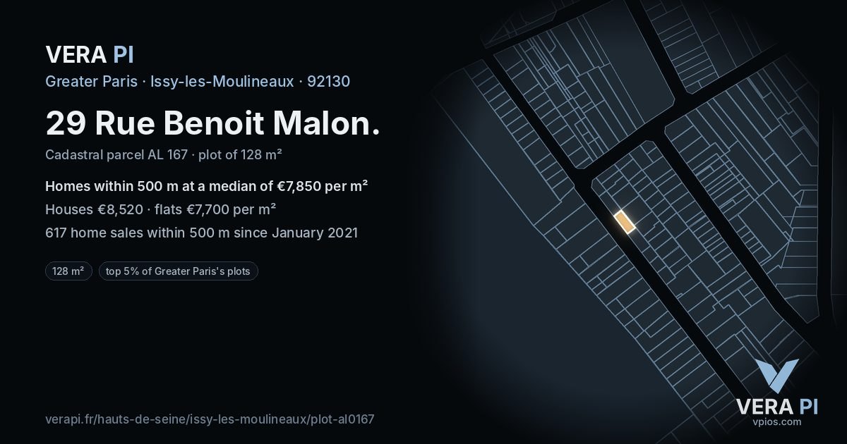 29 Rue Benoit Malon, Issy-les-Moulineaux at night – the plot lit, the parcels around coloured by the prices near them