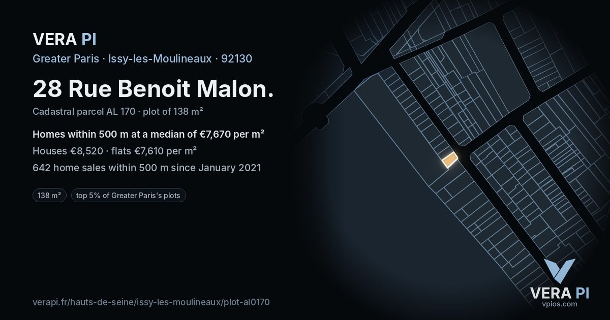 28 Rue Benoit Malon, Issy-les-Moulineaux at night – the plot lit, the parcels around coloured by the prices near them