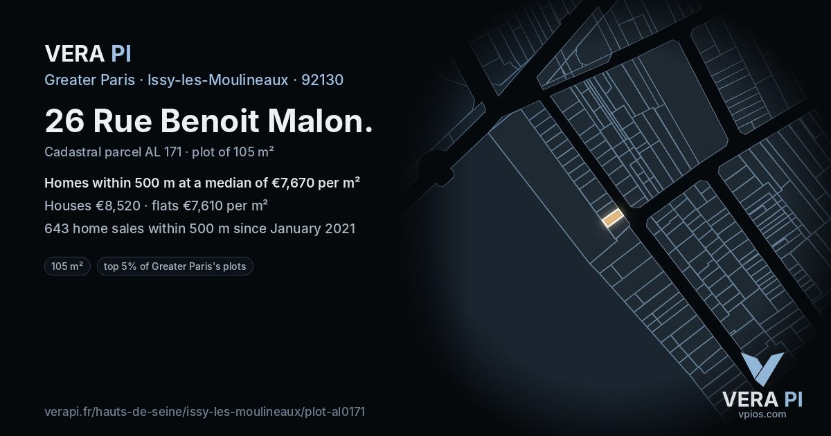 26 Rue Benoit Malon, Issy-les-Moulineaux at night – the plot lit, the parcels around coloured by the prices near them