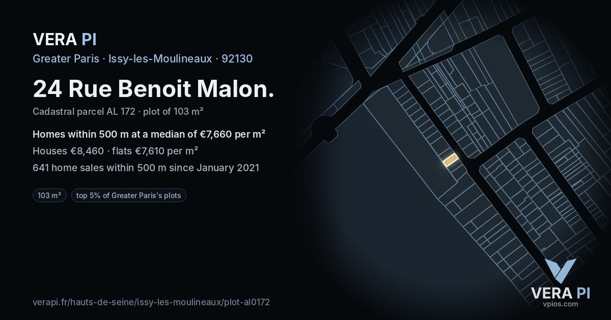24 Rue Benoit Malon, Issy-les-Moulineaux at night – the plot lit, the parcels around coloured by the prices near them