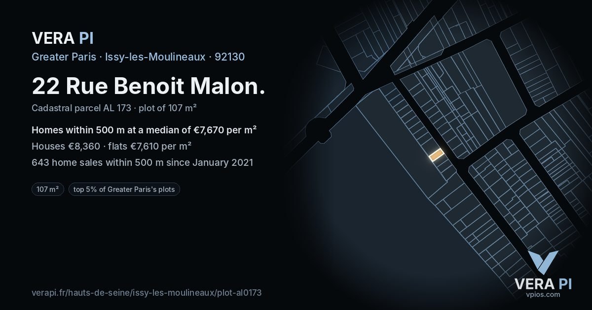 22 Rue Benoit Malon, Issy-les-Moulineaux at night – the plot lit, the parcels around coloured by the prices near them