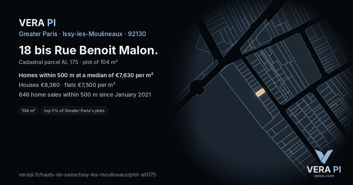 18 bis Rue Benoit Malon, Issy-les-Moulineaux at night – the plot lit, the parcels around coloured by the prices near them