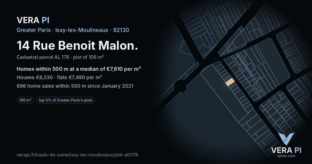 14 Rue Benoit Malon, Issy-les-Moulineaux at night – the plot lit, the parcels around coloured by the prices near them