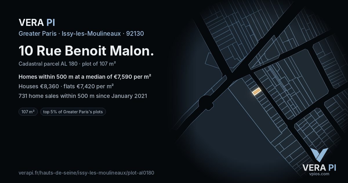 10 Rue Benoit Malon, Issy-les-Moulineaux at night – the plot lit, the parcels around coloured by the prices near them