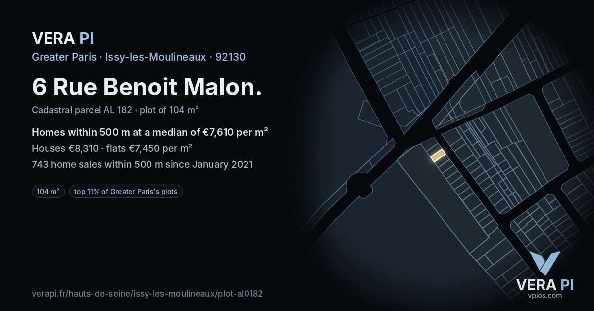 6 Rue Benoit Malon, Issy-les-Moulineaux at night – the plot lit, the parcels around coloured by the prices near them