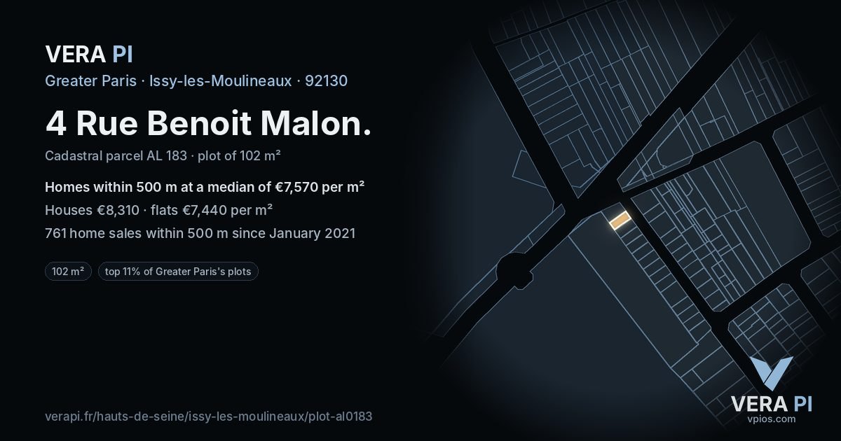 4 Rue Benoit Malon, Issy-les-Moulineaux at night – the plot lit, the parcels around coloured by the prices near them