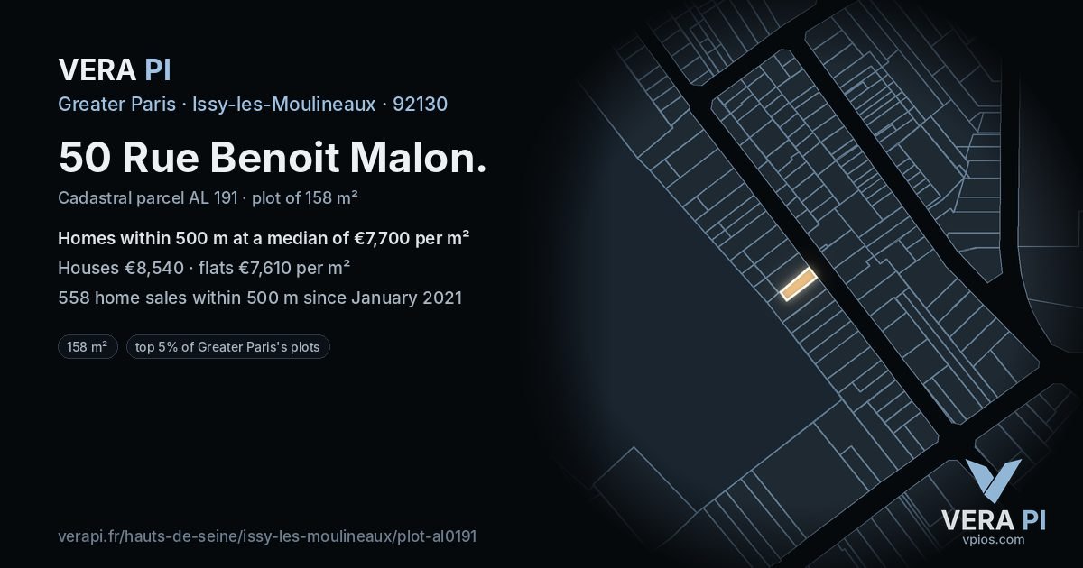 50 Rue Benoit Malon, Issy-les-Moulineaux at night – the plot lit, the parcels around coloured by the prices near them