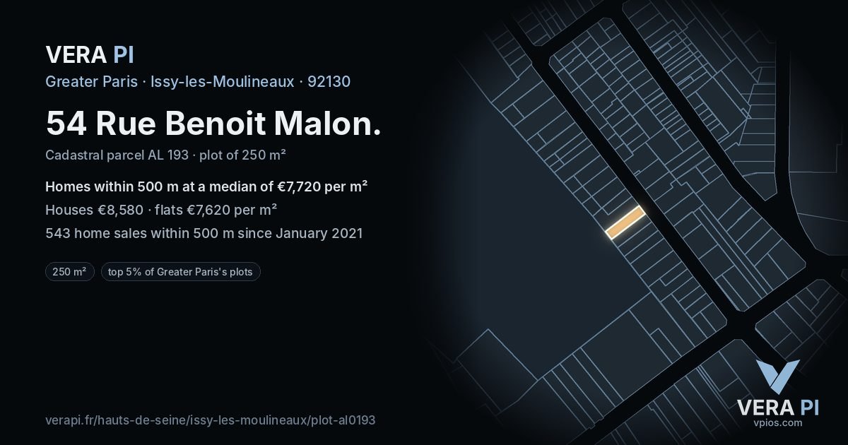 54 Rue Benoit Malon, Issy-les-Moulineaux at night – the plot lit, the parcels around coloured by the prices near them