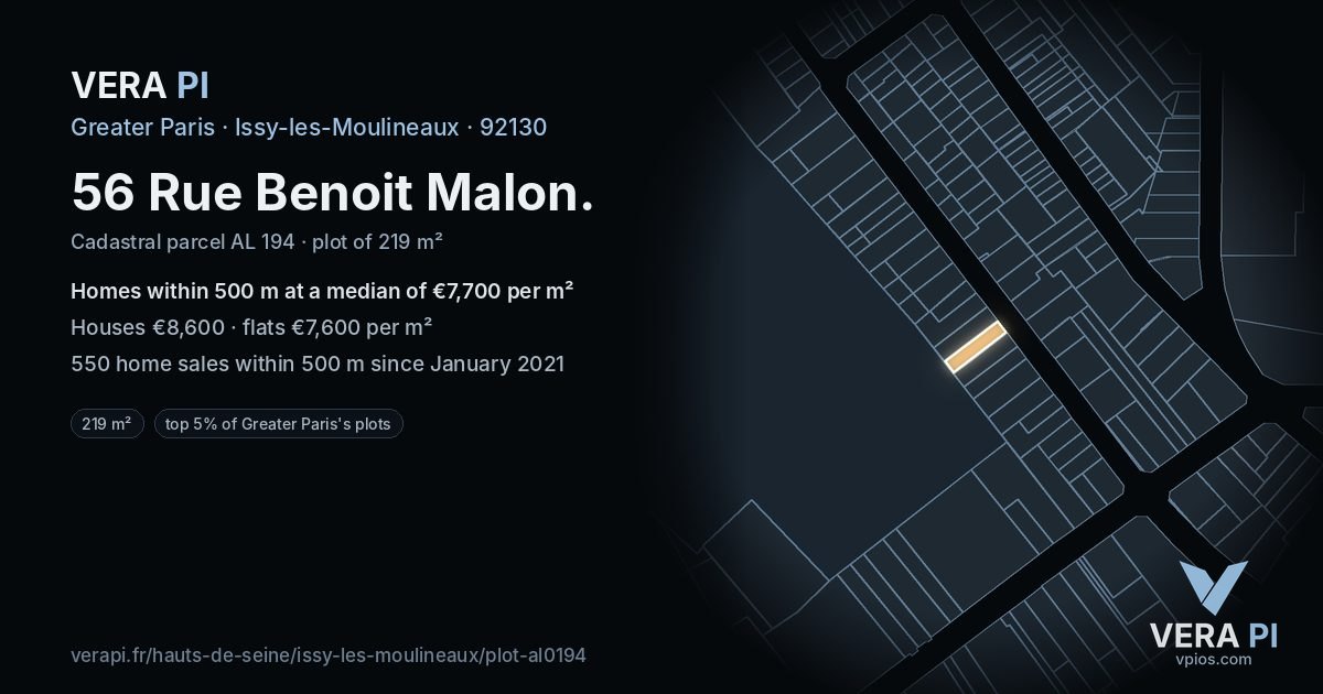 56 Rue Benoit Malon, Issy-les-Moulineaux at night – the plot lit, the parcels around coloured by the prices near them