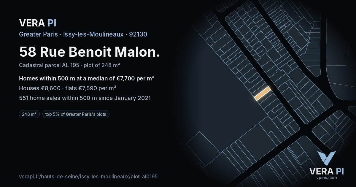 58 Rue Benoit Malon, Issy-les-Moulineaux at night – the plot lit, the parcels around coloured by the prices near them