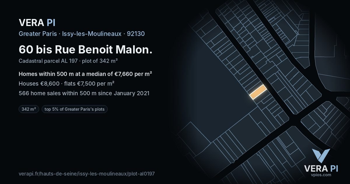 60 bis Rue Benoit Malon, Issy-les-Moulineaux at night – the plot lit, the parcels around coloured by the prices near them