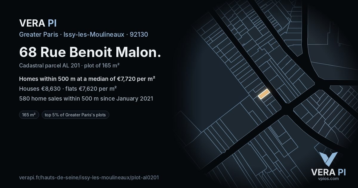 68 Rue Benoit Malon, Issy-les-Moulineaux at night – the plot lit, the parcels around coloured by the prices near them
