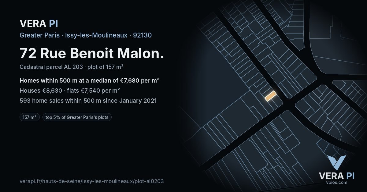 72 Rue Benoit Malon, Issy-les-Moulineaux at night – the plot lit, the parcels around coloured by the prices near them